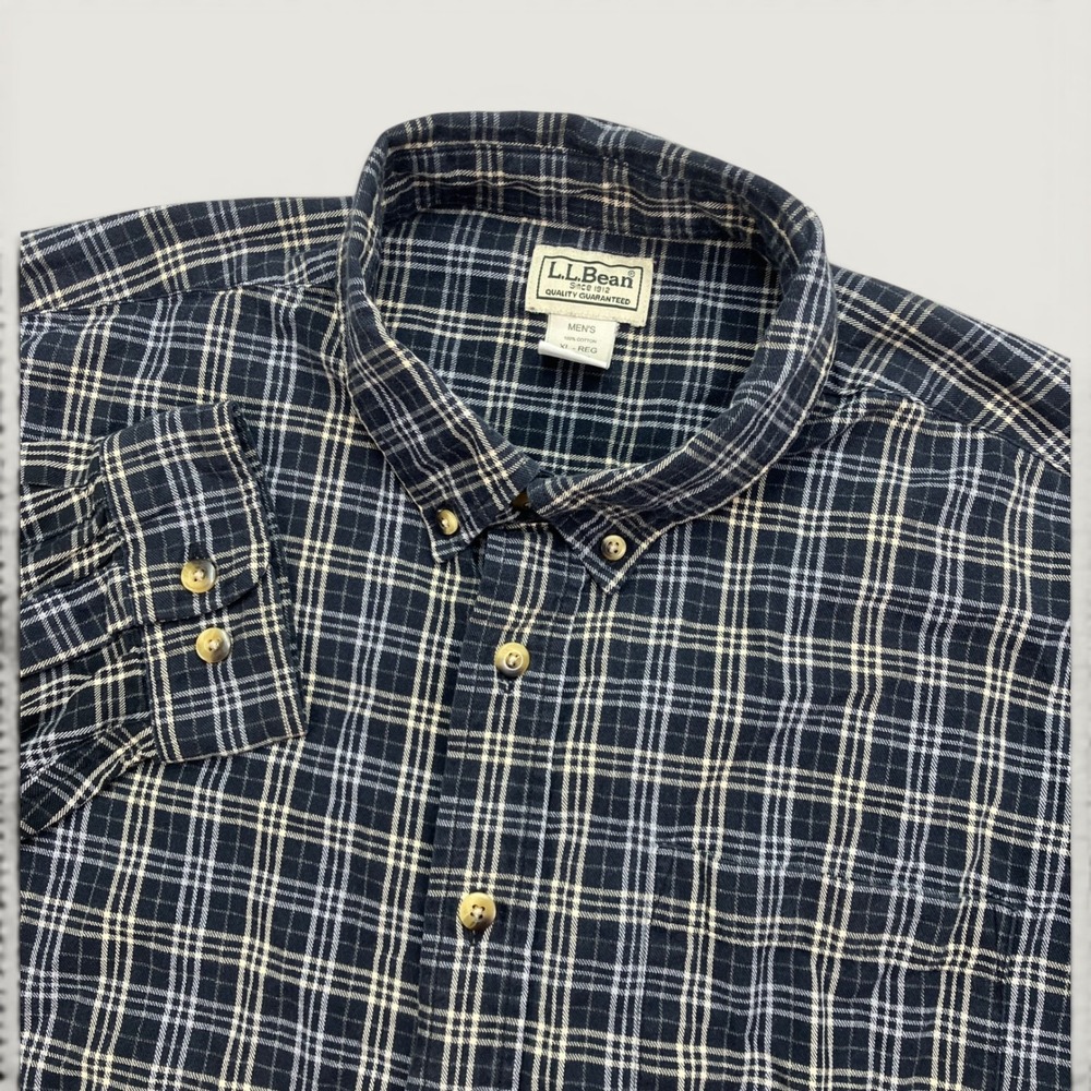 L.L. Bean Mens XL Button Down Shirt Navy Blue Plaid Cotton Long Sleeve Flannel
